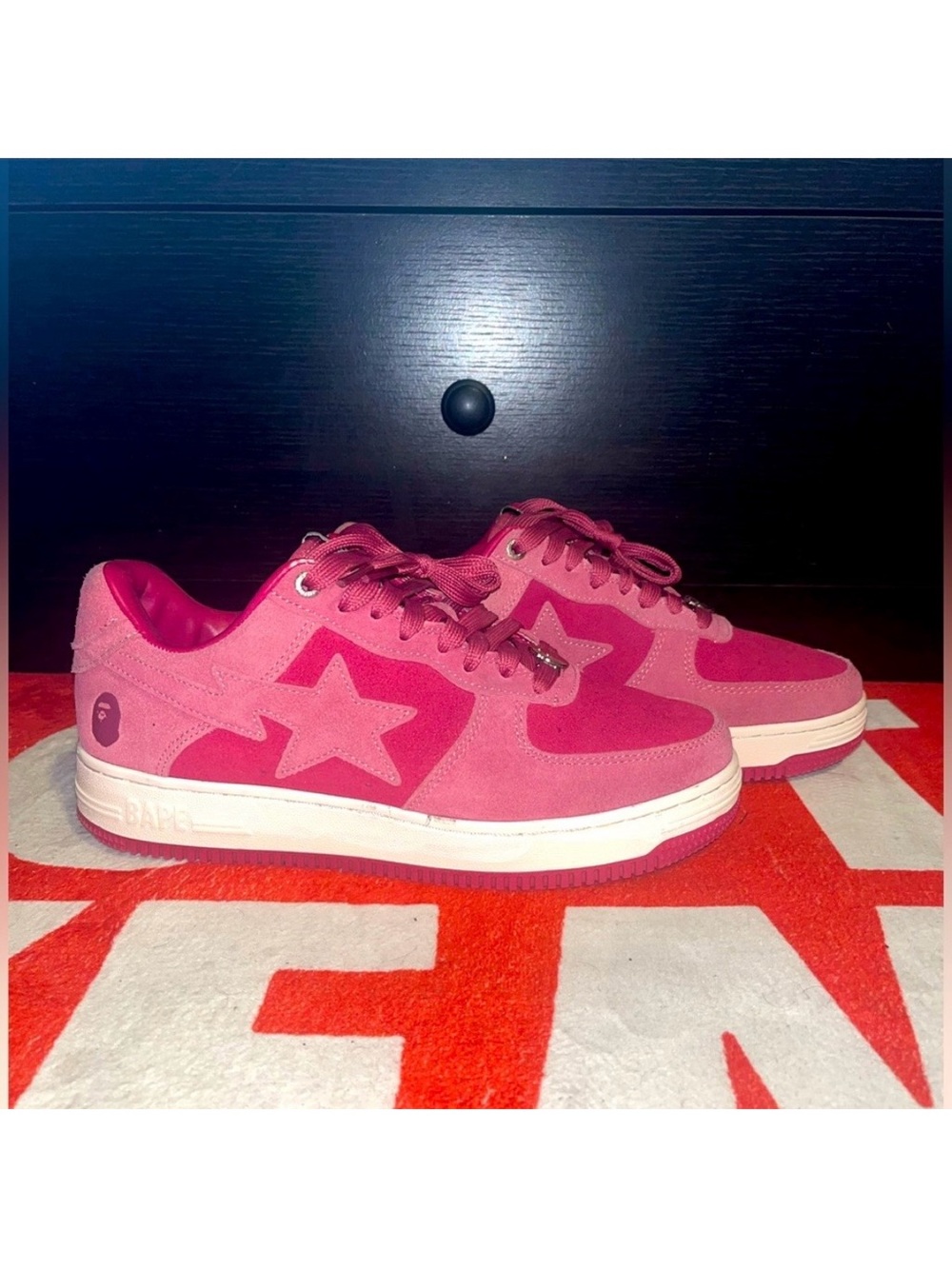 a Bathing Ape Bapesta Low M1 Pink Suede Men’s Size 8.5 CORAL SUEDE BAPE Sneakers